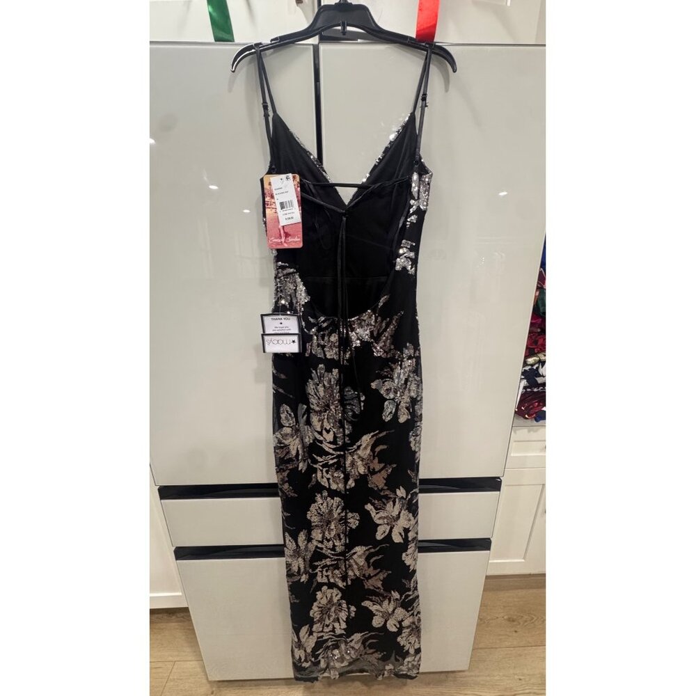 Emerald Sundae Womens Black & Silver Floral Sequin Gown With Spaghetti Straps & - Picture 6 of 7